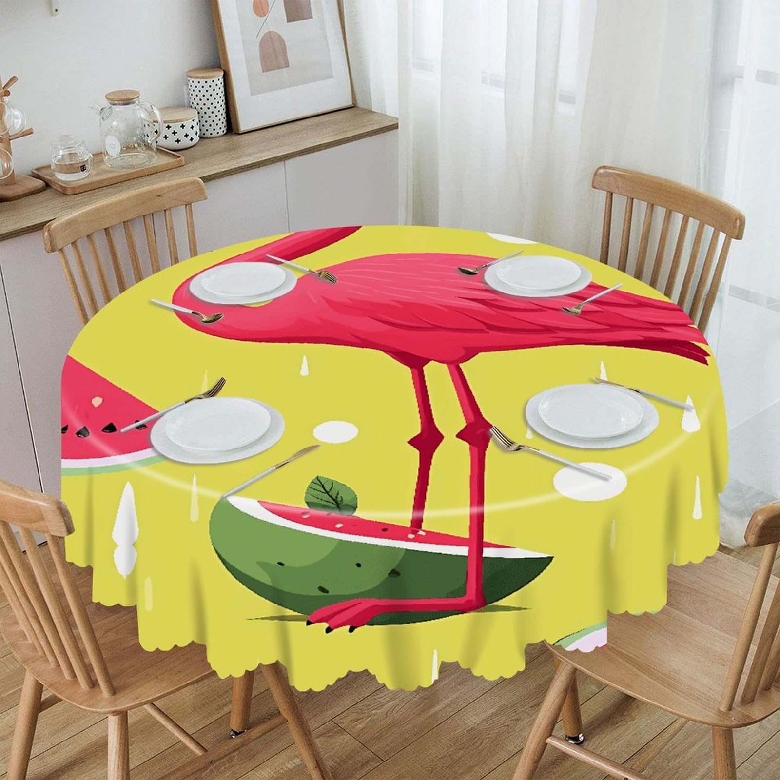 FekiLoot 60 Inch Round Pink Flamingo and Watermelon Tablecloth Waterproof Heavy Duty Polyester Table Cloth Spill-Proof Wipeable Table Cover Decorative Circle Dining Tablecover for Party Outdoor