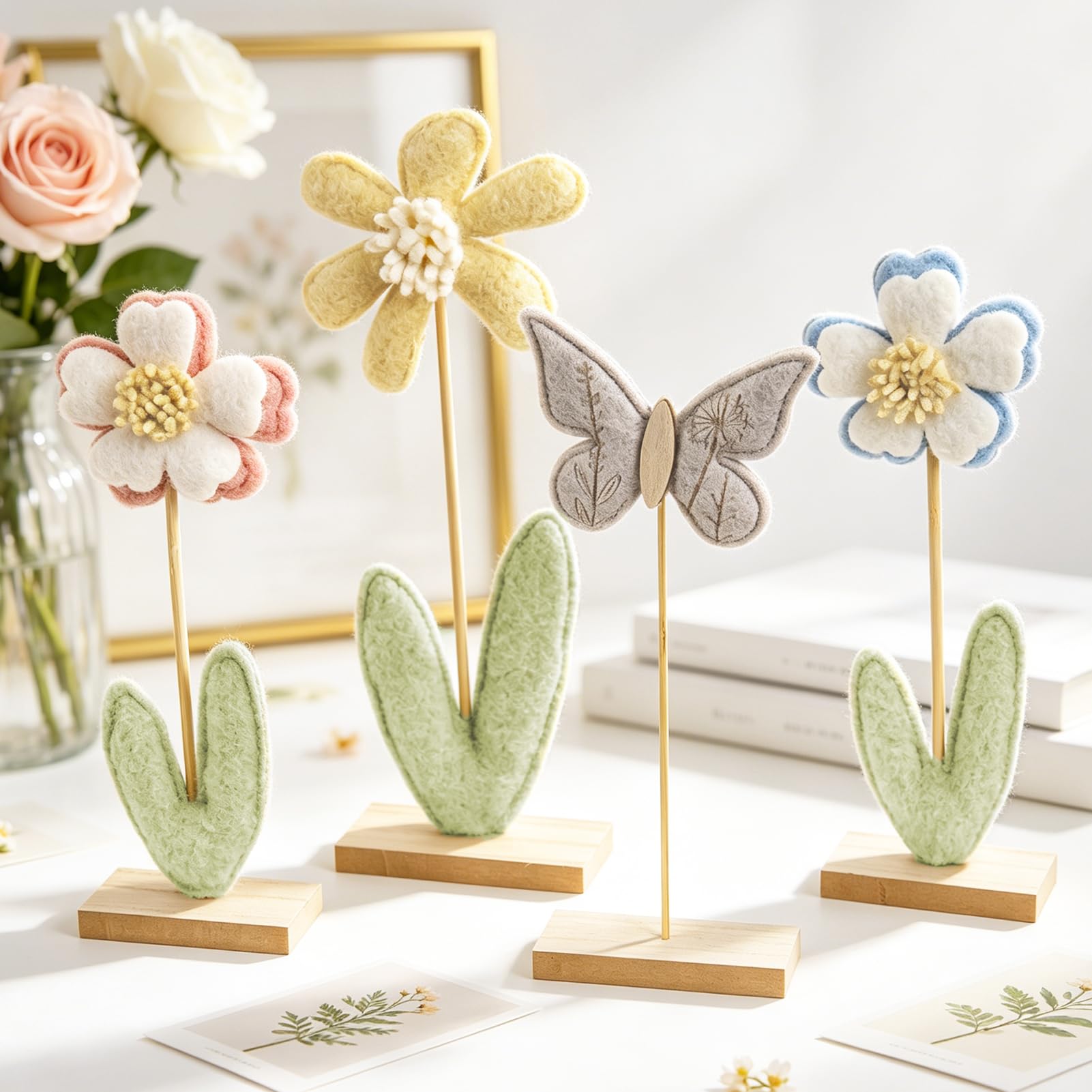 Felt Flower Party Table Decorations with Wooden Base Butterfly Centerpieces