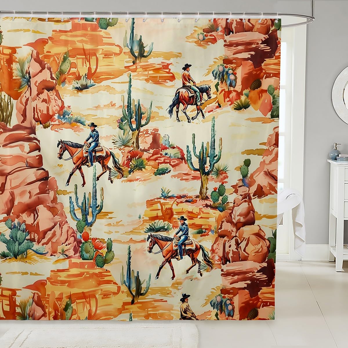 Rideau de douche enfants cactus désert bohème rustique orange vert 183 x 198 cm