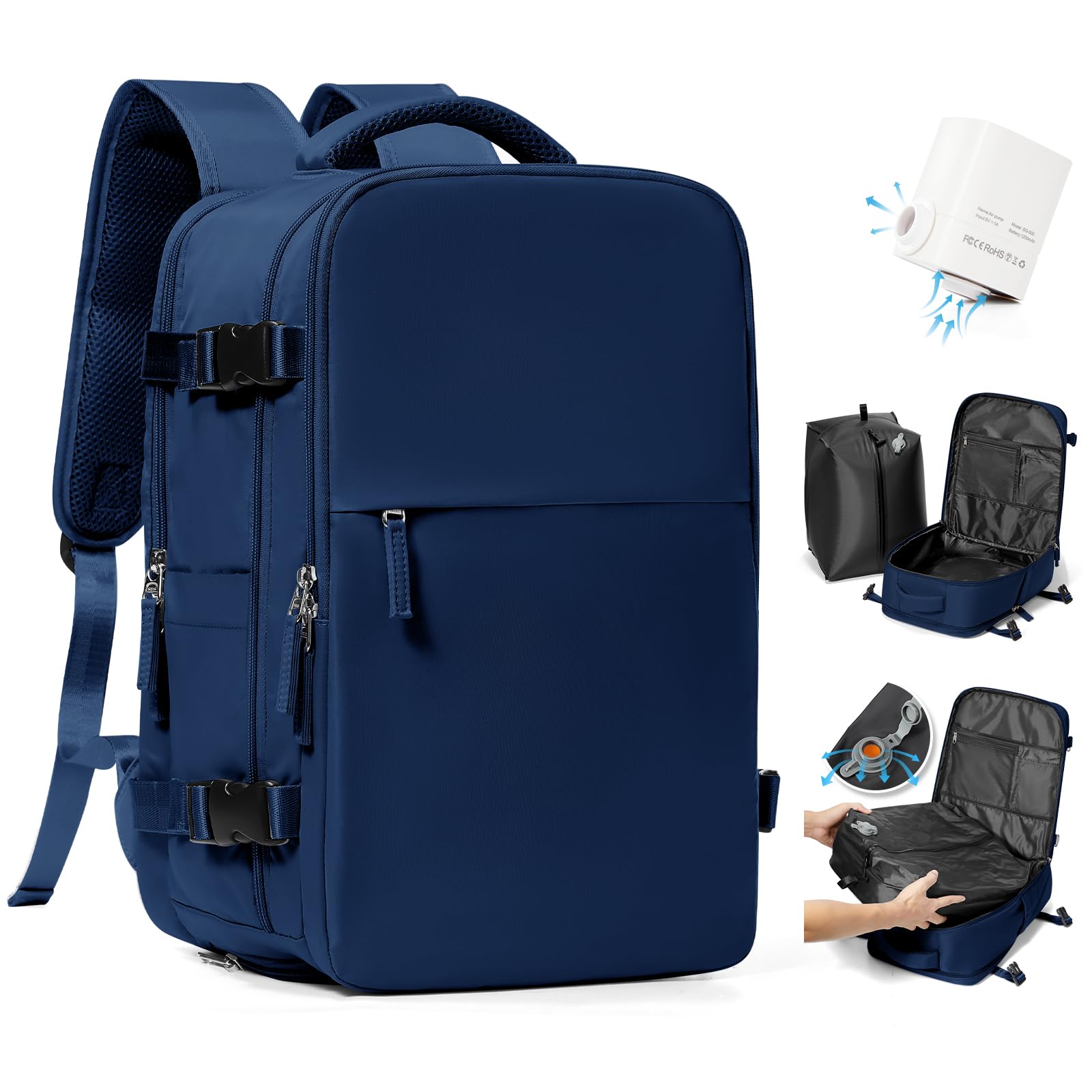 HPLQQ Plecak podręczny z zamknięciem próżniowym 40x30x20 cm dla Ryanair – wodoodporny bagaż pod siedzeniem, torba podróżna do samolotu, weekendowa, turystyczny, na co dzień, X-niebieski królewski