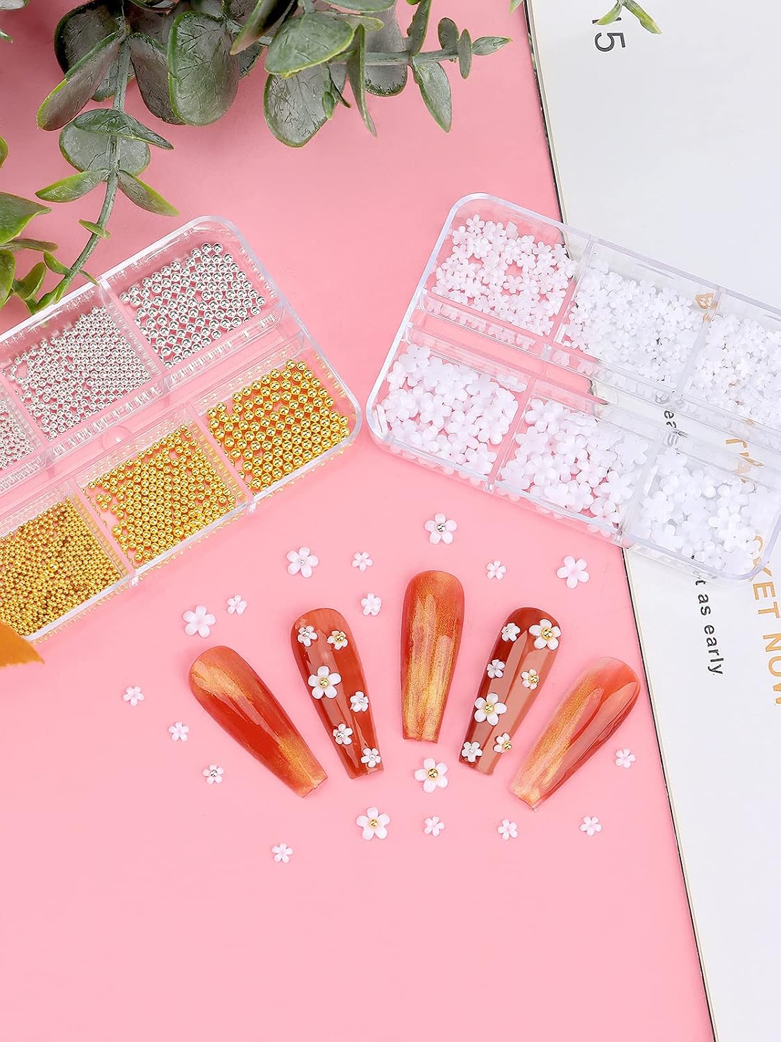 TOROKOM 3D Flower Nail Art Charms, White Acrylic Flower Rhinestones Metal Caviar Beads Nail Supplies Decorations for Women Girls Nail DIY