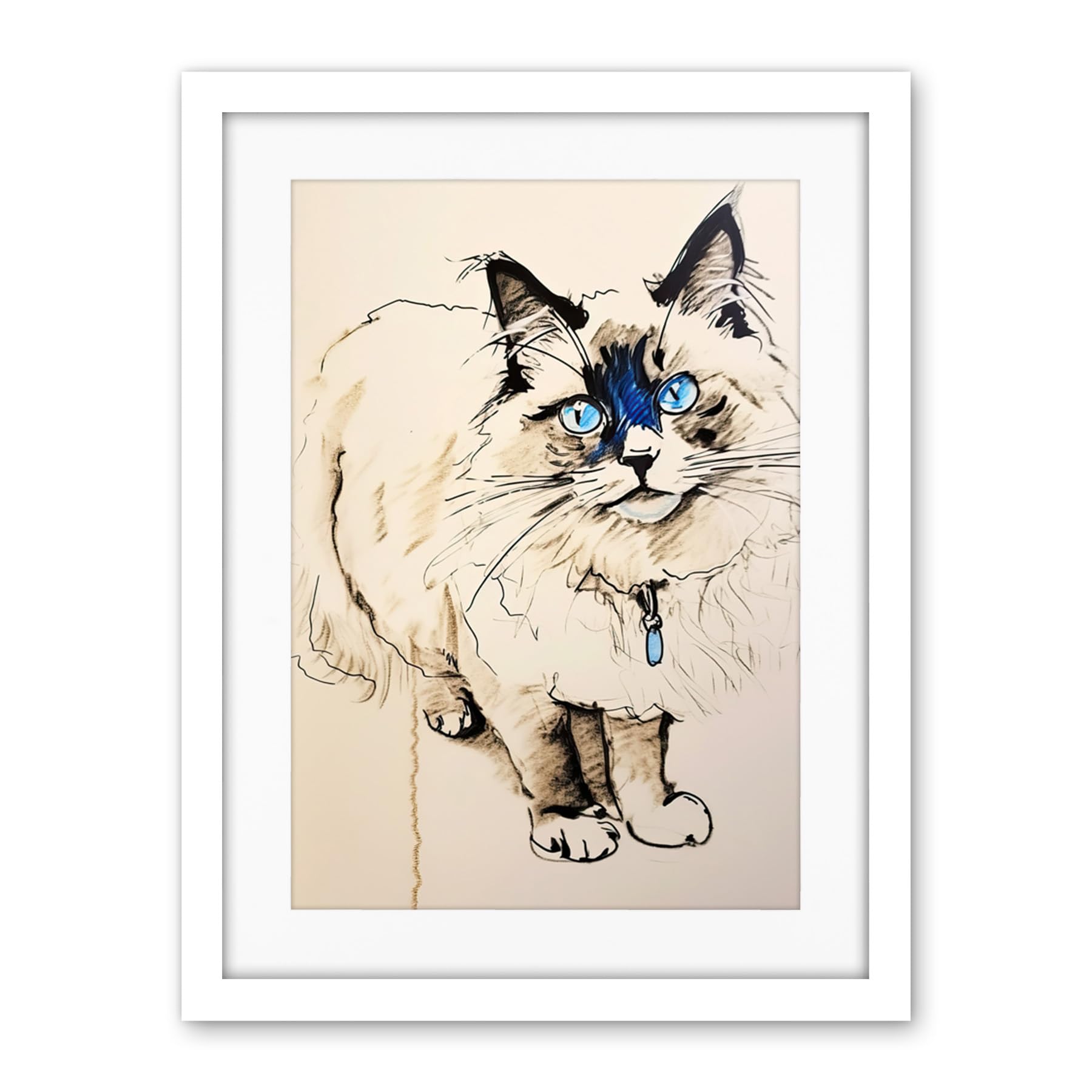 Artery8 Blue Point Ragdoll Cat Sketch Drawing Portrait Artwork Framed Wall Art Print 18X24 Inch