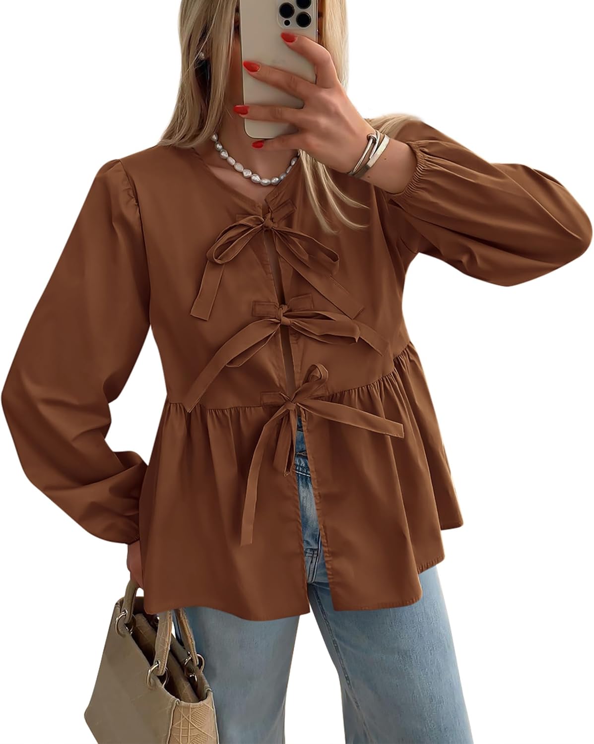 PRETTYGARDEN Women's Spring Fall Babydoll Peplum Blouse Shirt Puff Long Sleeve Bow Tie Front Trendy Cute Y2K Going Out Tops