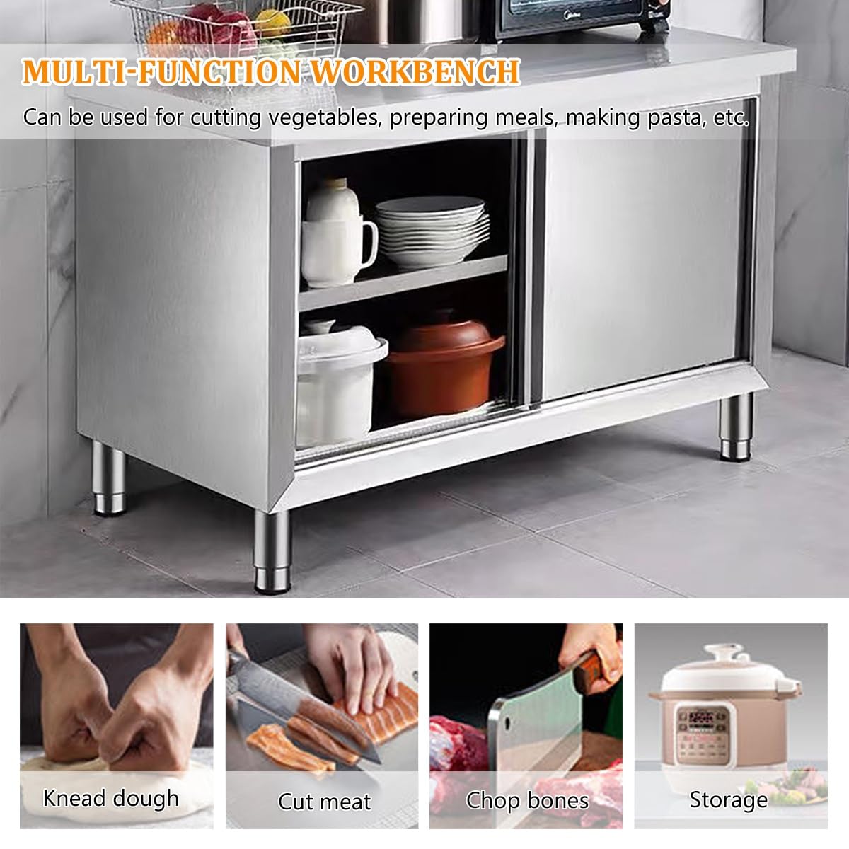 Mesa de trabajo de acero inoxidable con puerta corredera, mesa de preparación comercial resistente para cocina y restaurante, capacidad de carga de 1240 libras