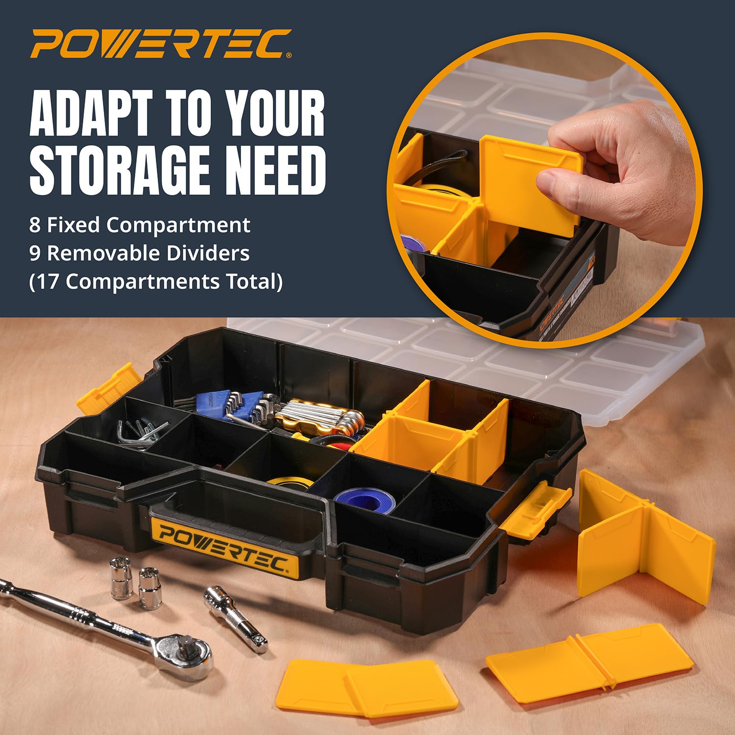 POWERTEC Organizer impilabile per cassetta degli attrezzi con divisori rimovibili, 17 scomparti, design portatile, confezione da 2 (72118-P2)