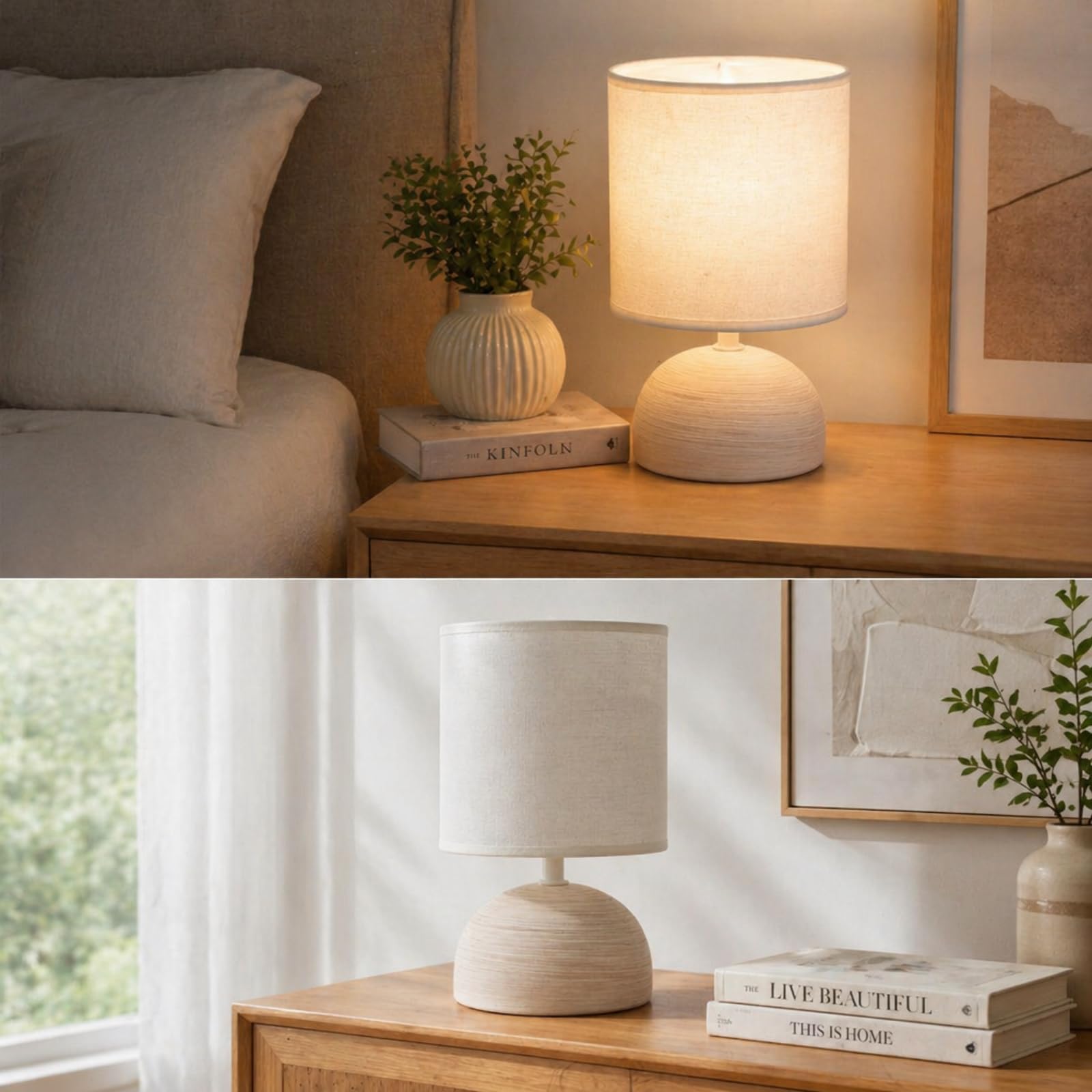 Aigostar Lampe de Chevet, Lampe en Céramique, Semi-ovale Marron, Corps au Design Marron Simple, Abat-jour en Tissu Blanc, Douille E14 (ampoule non fournie) H23cm