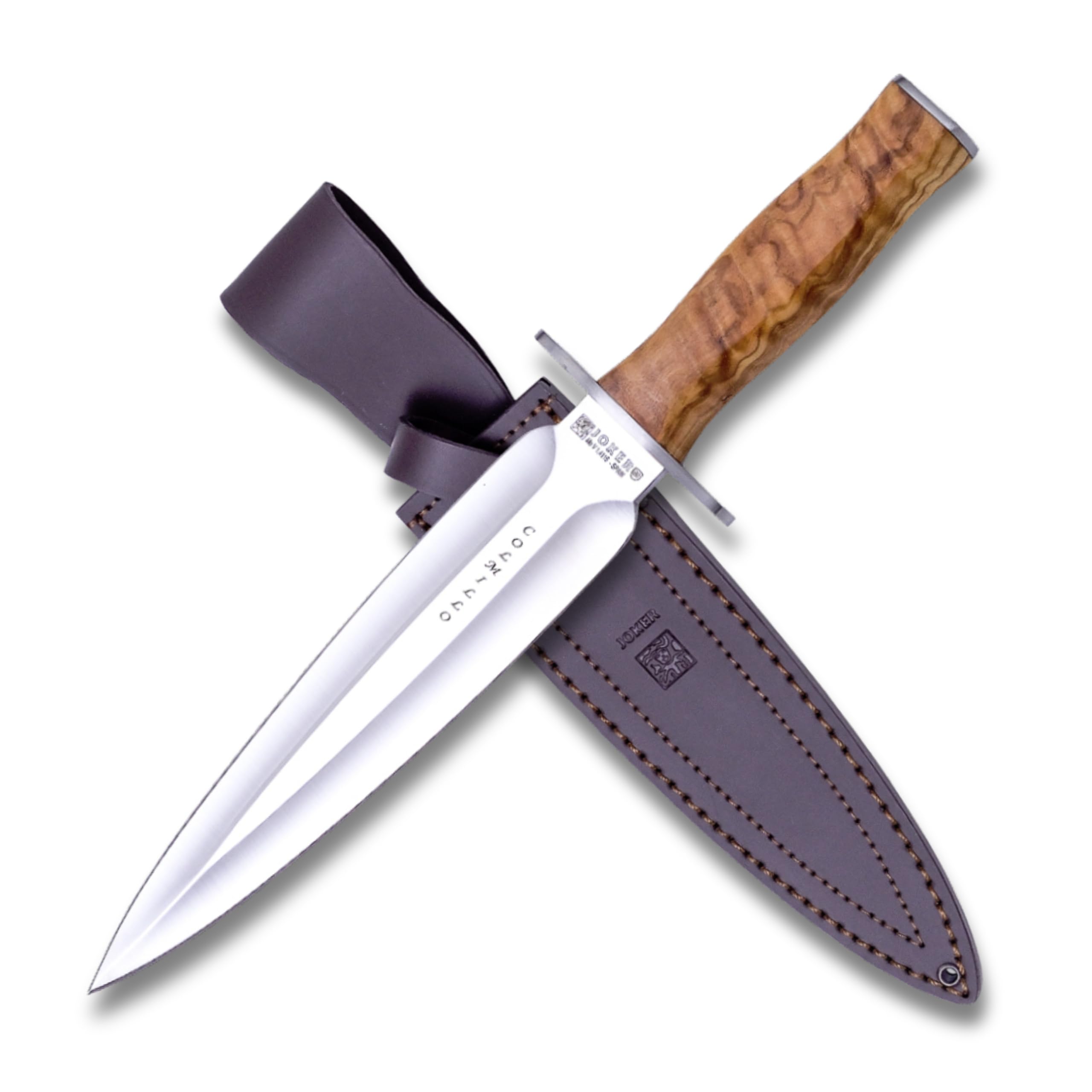 Joker Jagdmesser Colmillo CO108, Klinge 21,5 cm MOVA Stahl, Gürtelmesser mit Olivenholznholzgriff, brauner Lederscheide, Werkzeug zum Angeln, Jagen, Camping und Wandern