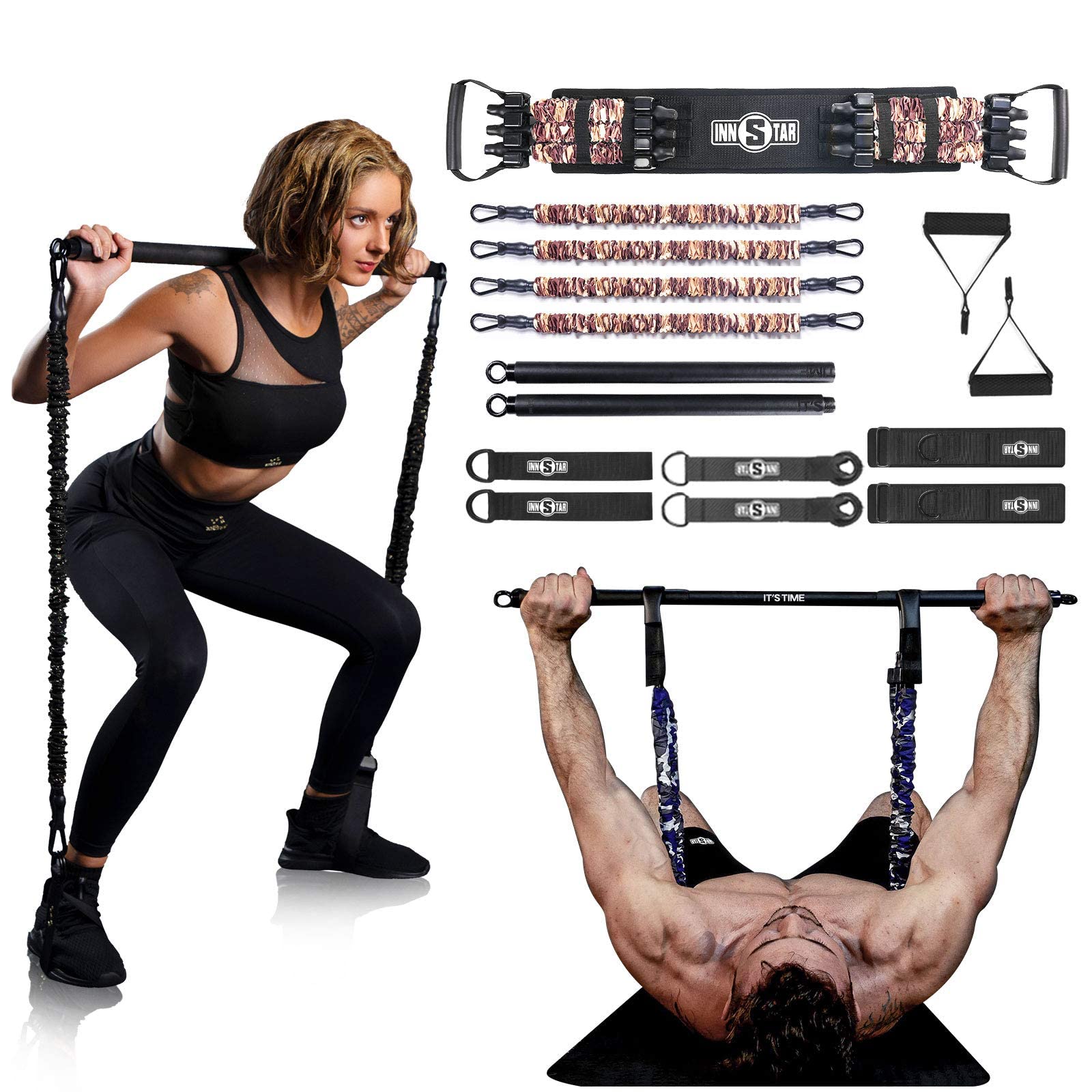 Portable Home Gym Set with Workout Bar, Bench Press Set, Squat Resistance Band, Door Anchor and More-Full Body Workout Equipment to Build Muscle and Shape Body