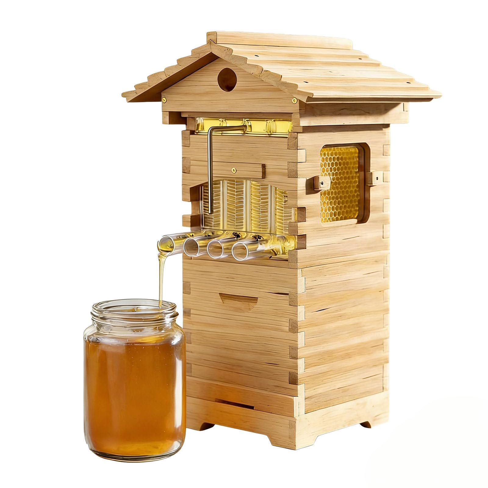 Beehive Starter Kit, Self Harvesting, Wooden Hive Box with Observation Window & Honey Spout, Automatic Extraction Beekeeping Supplies for Garden Beginner Beekeepers