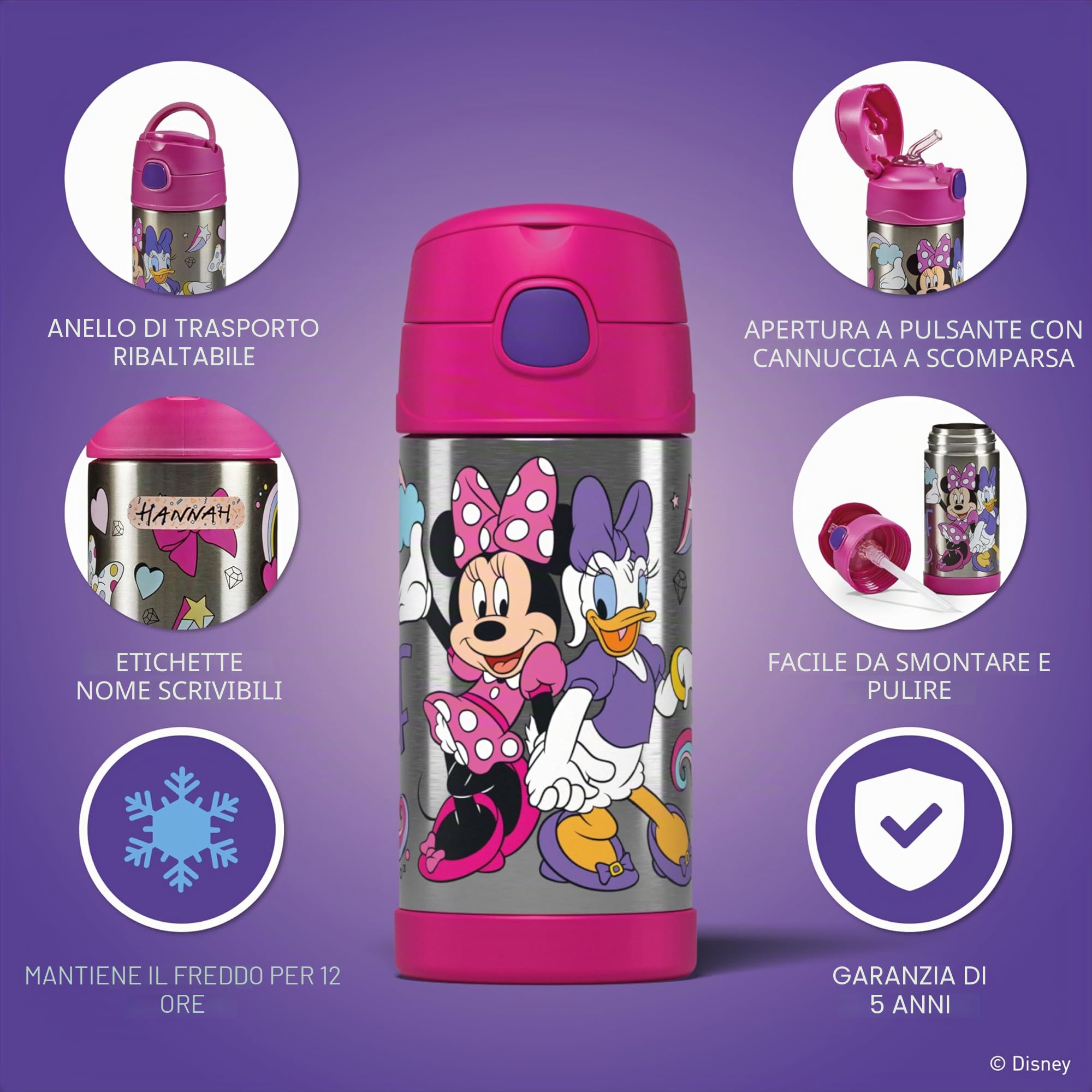 Thermos Kids FUNTAINER STRAW BOTTLE DISNEY 0,35 l, bottiglia termica per bambini in acciaio inox con cannuccia, 12 h freddo, lavabile in lavastoviglie, ermetica senza anidride carbonica, bottiglia
