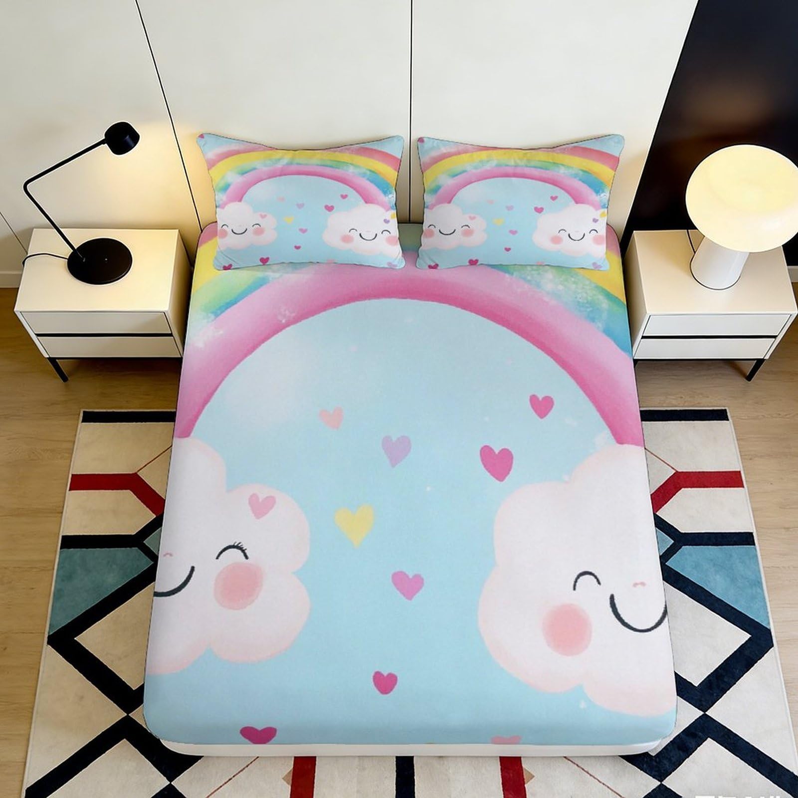 3D Printed Rainbow Cloud Fitted Sheet Microfiber Soft Pastel Hearts Mattress Cover for Bedroom Dorm Protection Decor 120x200x25cm