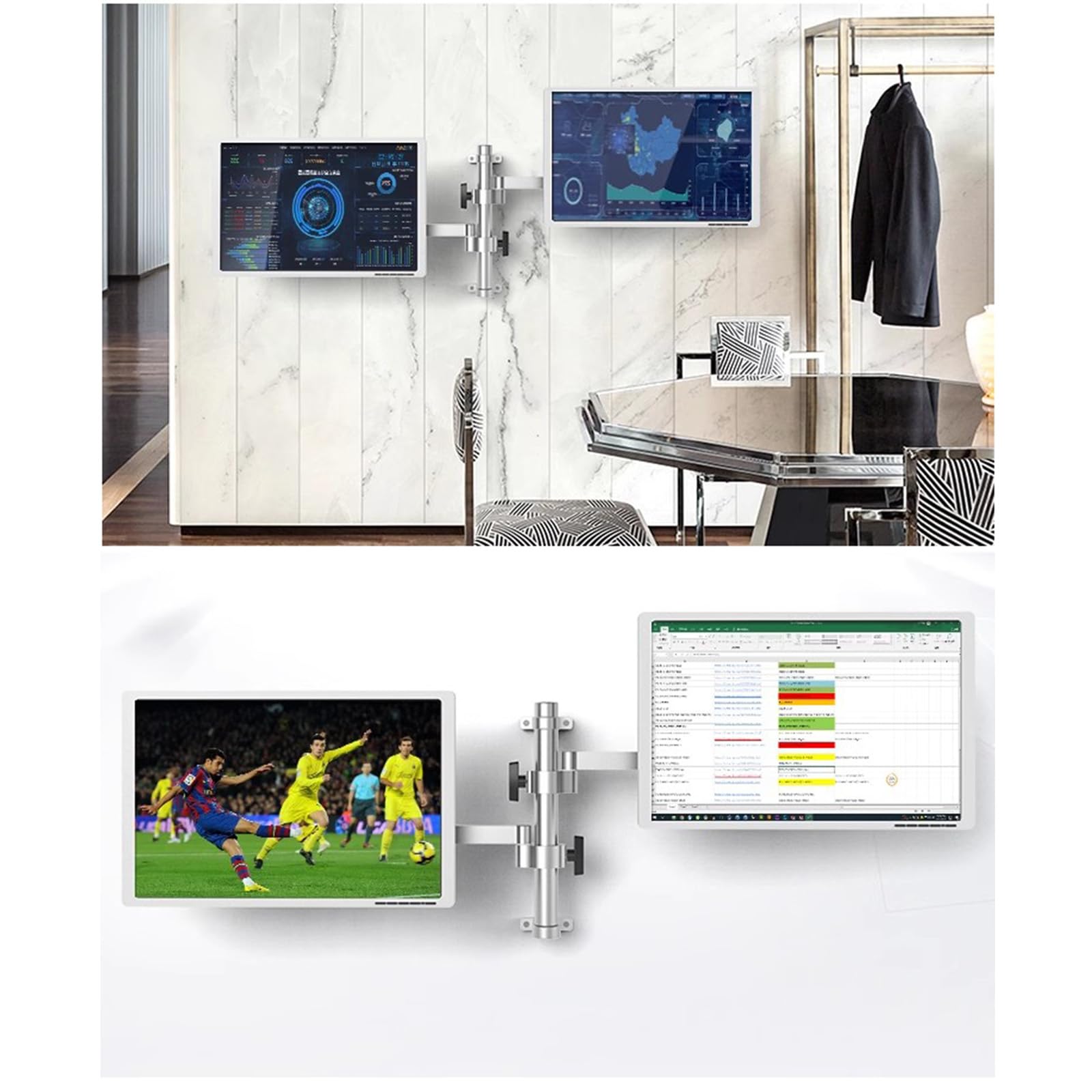 Soporte De Pared para Dos Monitores, Brazo De Aleación De Aluminio, Altura/ángulo Ajustable, Soporta hasta 8 Kg Cada Uno, con Conexión 75x75/100x100mm