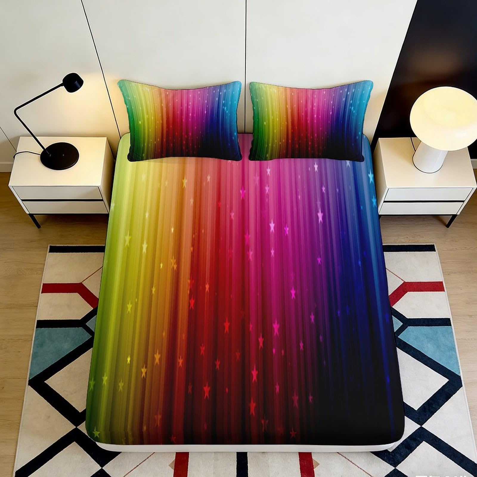 3D Printed Rainbow Starry Sky Fitted Sheet Microfiber Soft Colourful Cosmic Nebula Mattress Cover for Bedroom Dorm Decor 90x200x25cm