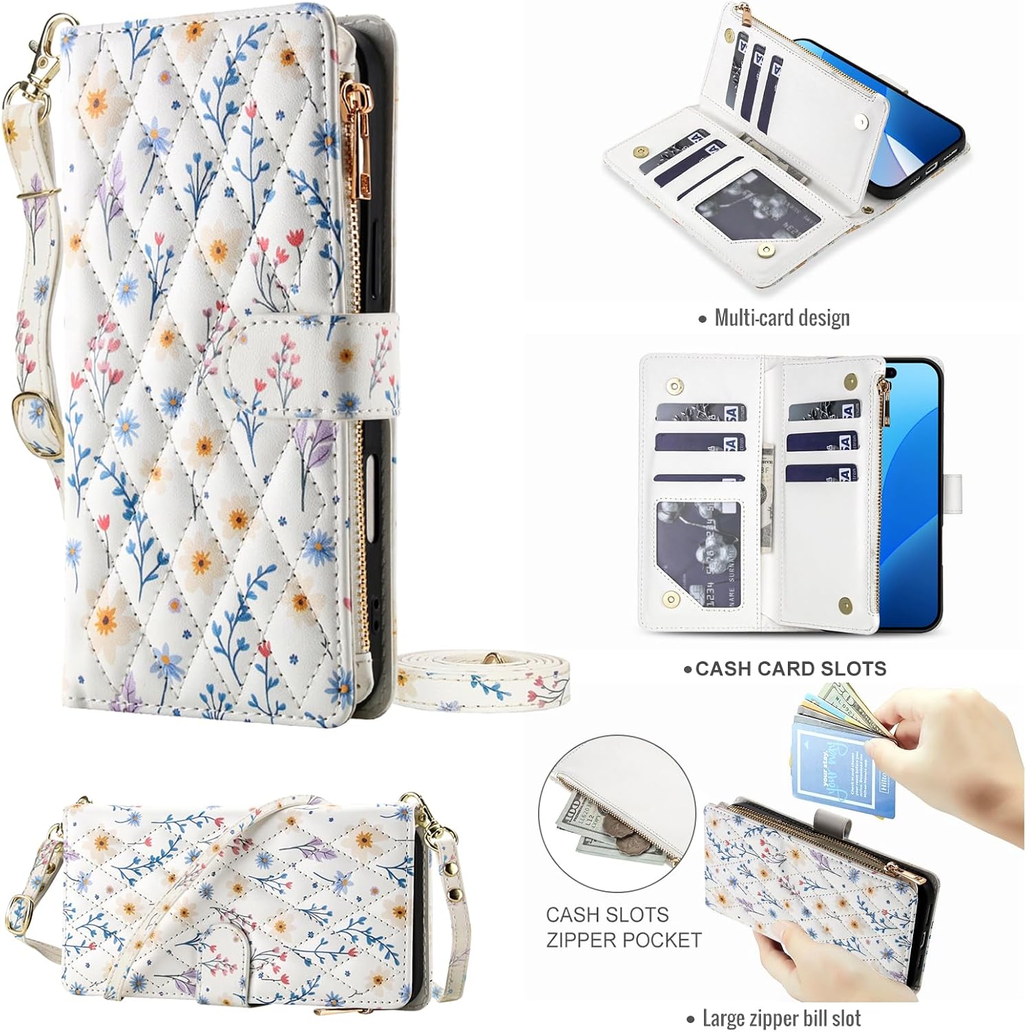 for Samsung Galaxy S24 Plus Floral Quilted Crossbody Wallet Phone Case 2-in-1 Detachable Lanyard & Wristlet Zipper Pocket Kickstand PU Leather Flip Purse Case for Women - Blue A2