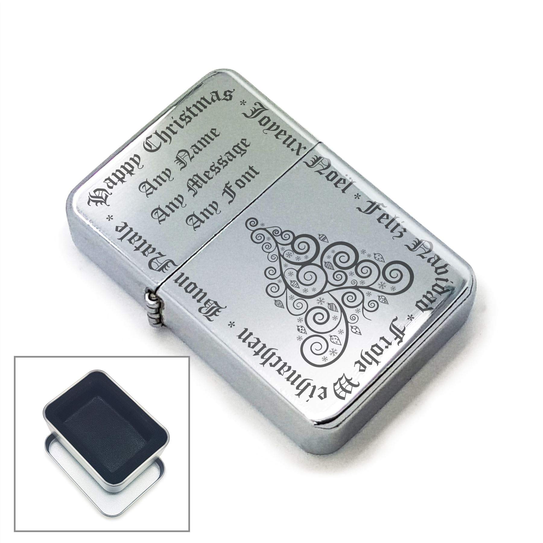 Personalised Engraved Lighter with Christmas Tree Design, Metal Tin Gift Box, Personalise with Any Message