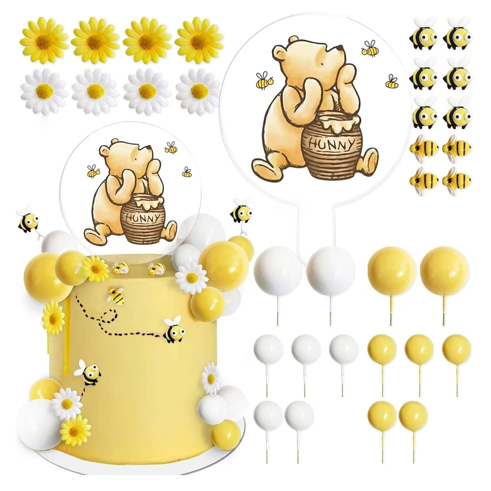 Bee Cake Decorations 33 Pcs, Acrylic Bee Cake Topper Set with Printed Picks for Birthday Cakes, Cupcake Toppers and Dessert Table Decor, Clear Bear Theme