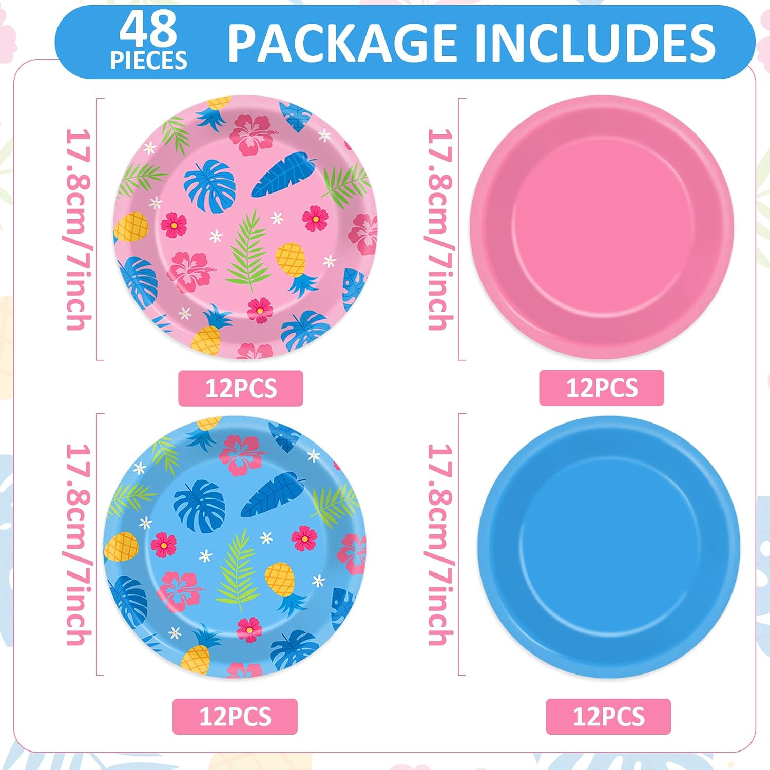 48Pcs Pink Blue Tropical Hibiscus Birthday Party Decorations Aloha Hawaiian Party Paper Plates 7Inch Disposable Hawaii Themed Dinnerware Tableware Set for Kids Baby Shower Table Supplies