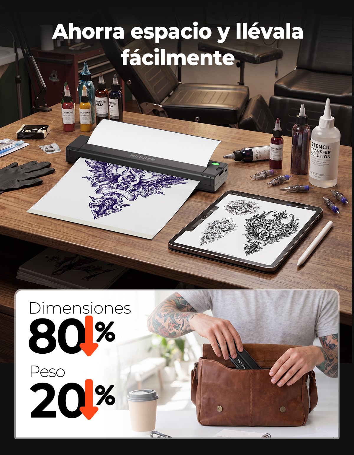 MUNBYN Termocopiadora Tattoo Bluetooth, Impresora Termica Tatuajes para DIY, Compatible con Smartphone y PC, Incluye 10 Hojas de Papel de Transferencia, ITP05S Negro