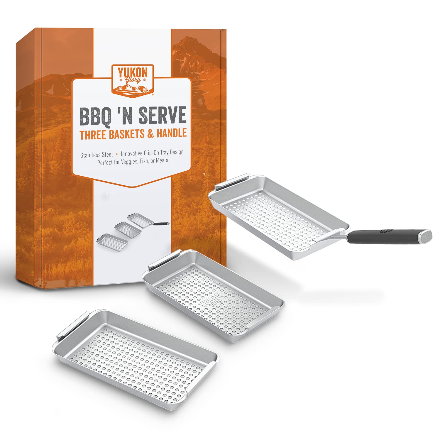 Yukon Glory™ BBQ 'N SERVE Grill Basket Set - Includes 3 Grilling Baskets a Serving Tray & Clip-on Handle - "Patented Grill-to-Table Design" Perfect For Grilling Fish Veggies & Meats