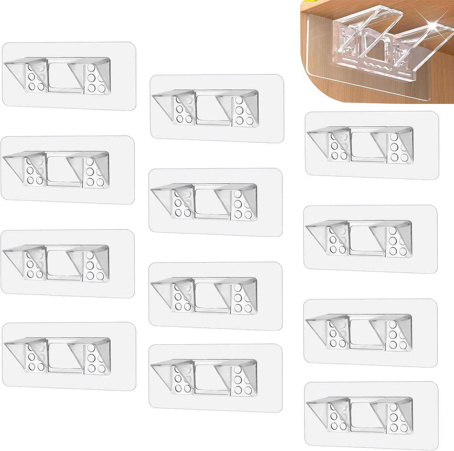 12Pcs Adhesive Shelf Bracket - Punch Free, No Drill Shelf Pegs with Enhanced Support for Kitchen, Cabinet, Cupboard, Bookshelf, Closet; Double Row Reinforced Plastic Holders (Easy Installation)