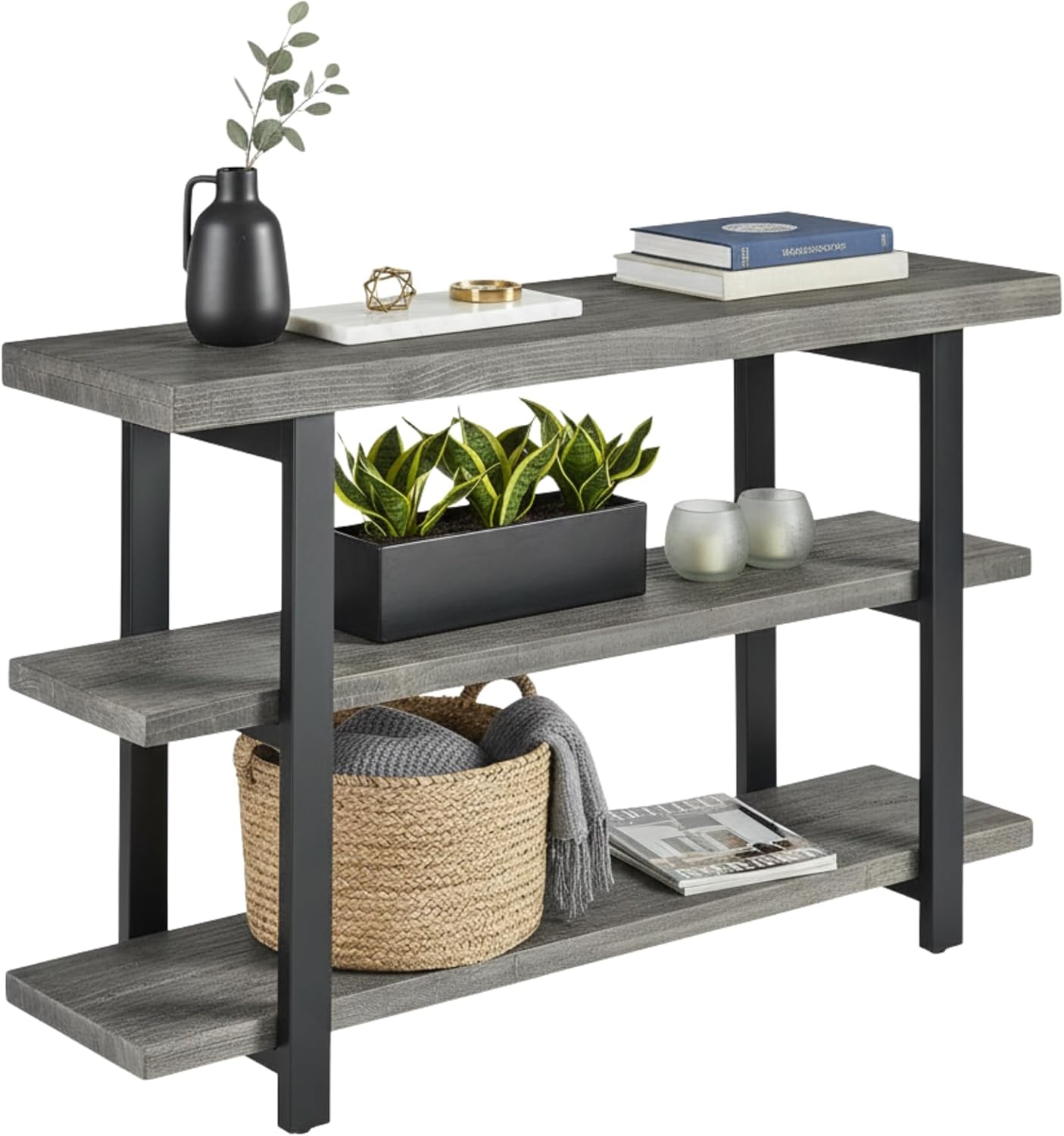 Alaterre Furniture Pomona Living Room Collection – 3-Tier Solid Wood Media Console Table with 2 Open Shelves and Metal Legs - Rustic Industrial Farmhouse TV Stand and Storage Console (Slate Grey)