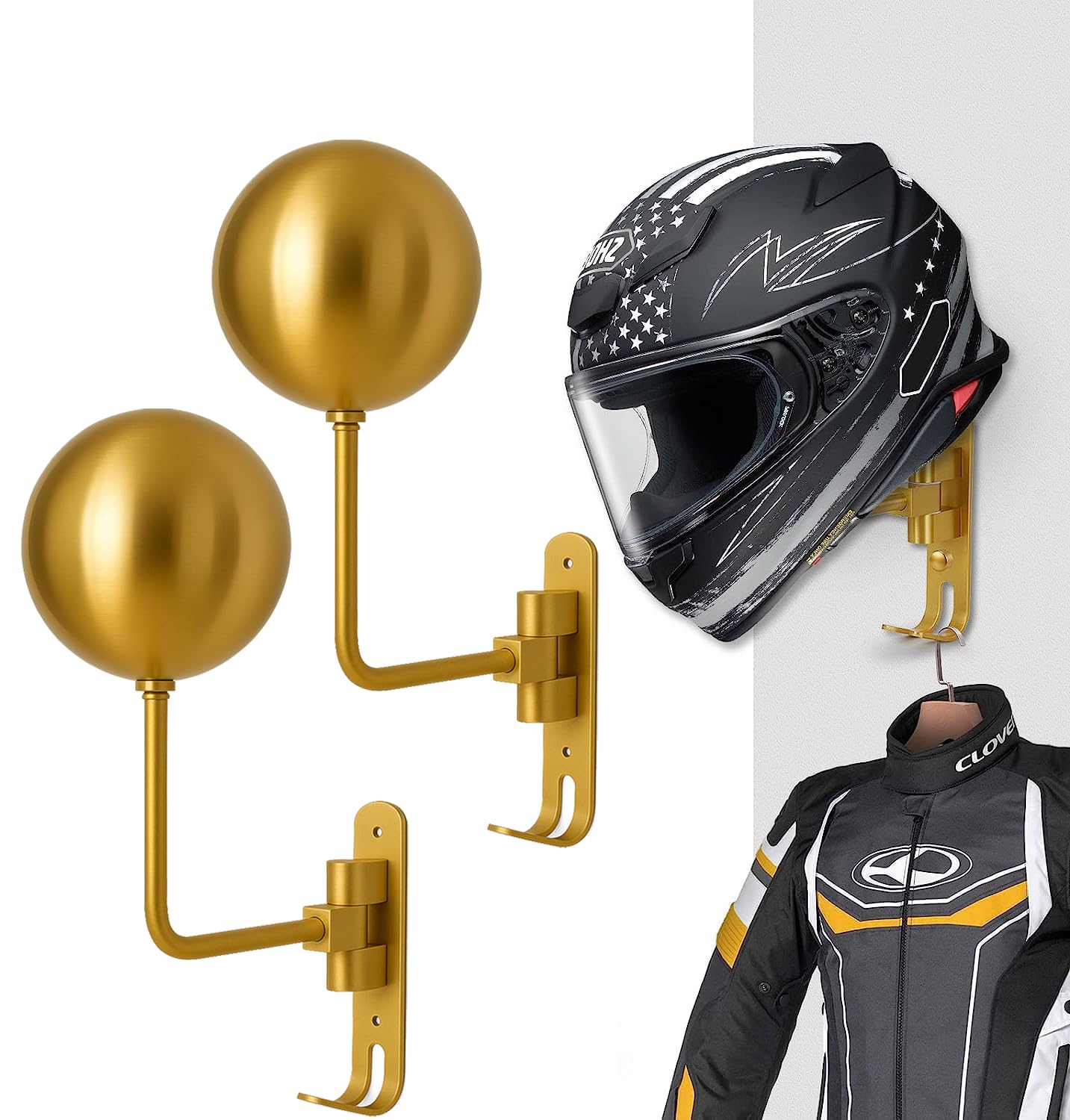 motofans helmet stand, Rotation Metal Helmet Holder Wall Mount, Helmet Holder Bike with 2 Hooks Helmet Hanger for motorbike, Caps, Baseballs, Rugby Helmet (gold,2pcs) — image 1