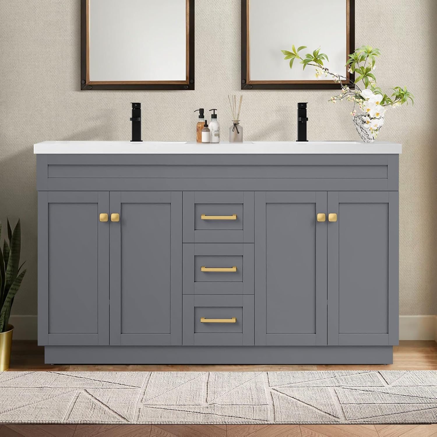 60 Inch Bathroom Vanity with Sink in Grey, Undermount Double Sinks, Solid Wood Bathroom Storage Cabinet,4 Soft Closing Doors, 3 Full Extension Drawers,Painted Surface
