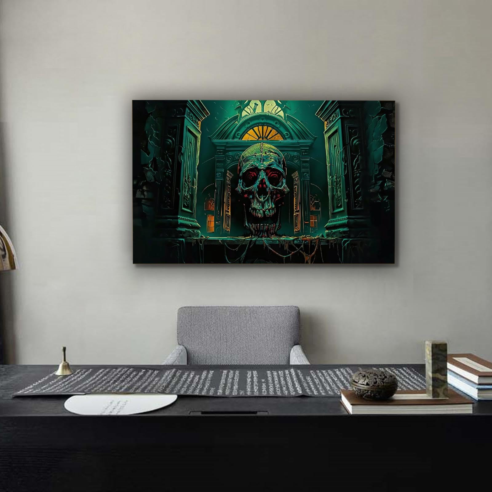 Via Vela Gothique Halloween Art Impression sur toile Horreur Rétro Squelette Château Affiche Peinture Art Mural pour Salon Chambre Décoration Maison 60x100cm Cadre intérieur
