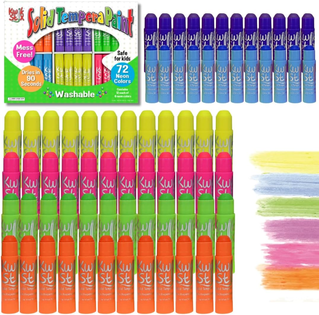 Kwik Stix Solid Tempera Paint Sticks, 72 Neon Colors, Washable, Non-Toxic