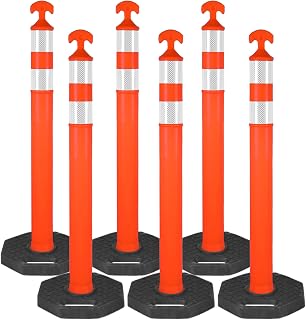 42" Traffic Delineator Posts, Safety Cones with Reflective Collars and Heavy Duty Rubber Base for Road Safety, Parking Lots and Construction Zones(6 Pack, 42")
