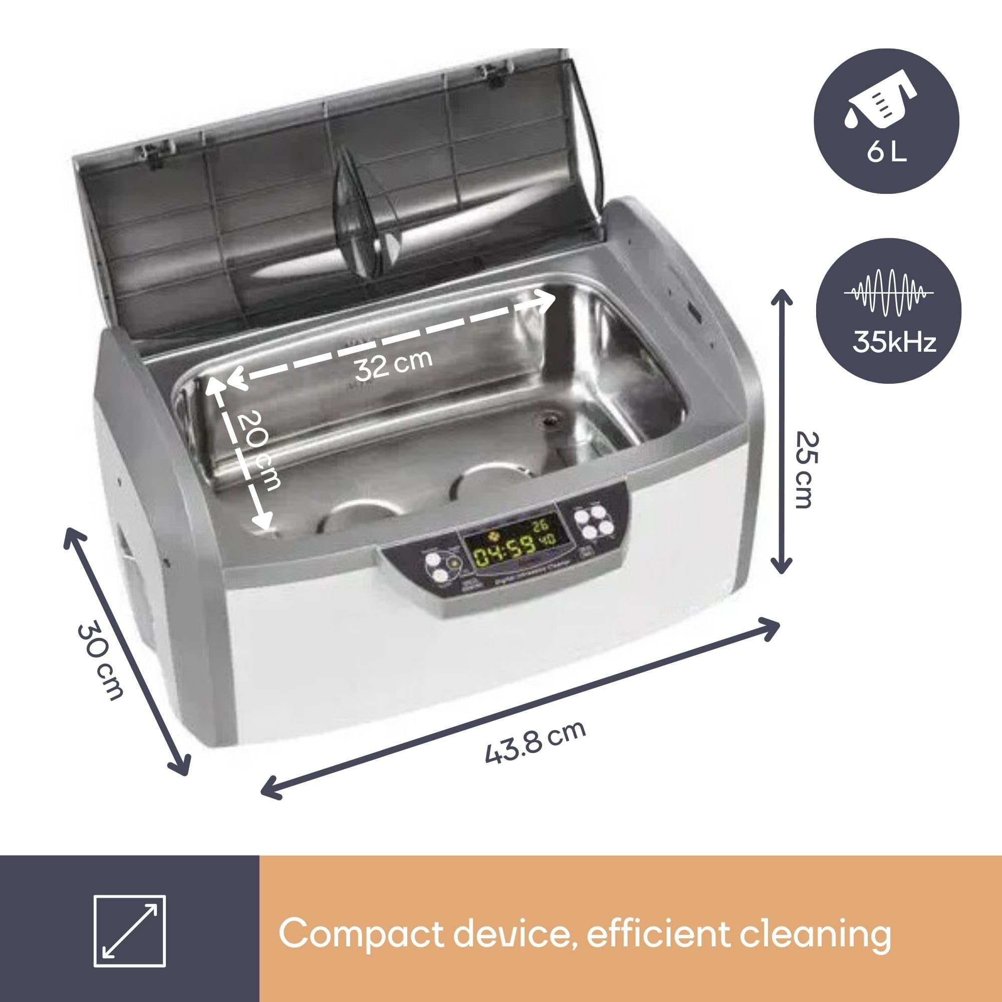 Perel Myjka ultradźwiękowa 6 L, ultrasonic cleaner 35 kHz, do biżuterii okularów zegarków protez monet kluczy, stal nierdzewna, timer cyfrowy i regulacja temperatury, zawór spustowy, biała