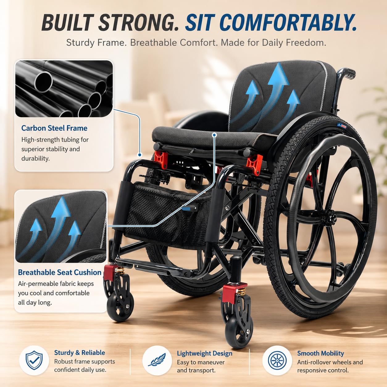 Silla de ruedas deportiva para adultos, silla de transporte plegable ligera con reposapiés, silla de ruedas de viaje portátil, silla de movilidad plegable de fácil transferencia, ancho del asiento de