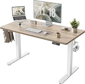 TIQLAB Height Adjustable Electric Standing Desk, 47 x 24 inch, Sit Stand Up Desk, Splice Board, Computer Home Office Desk, White Frame/Maple Top