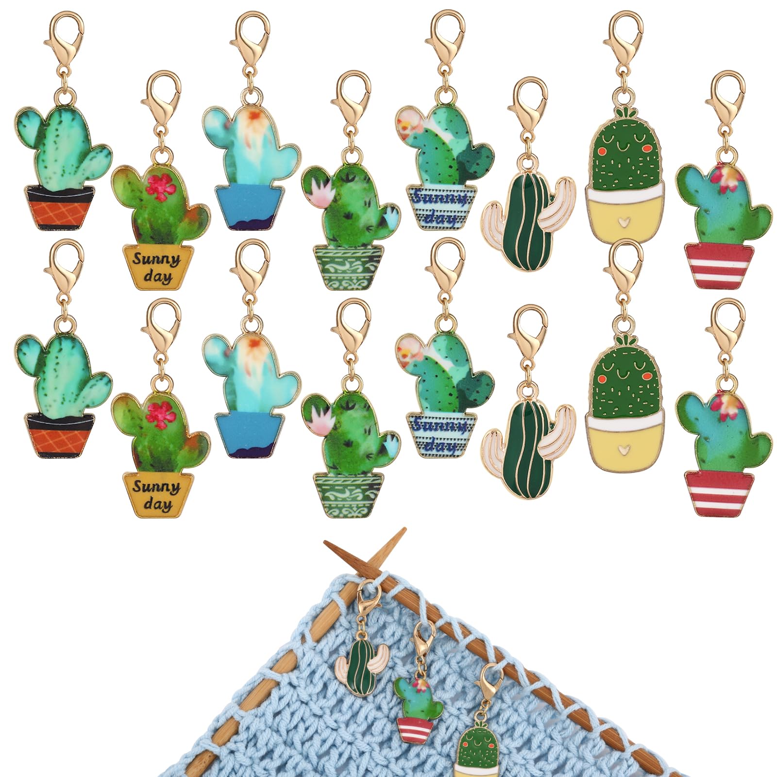COGCHARGER 16Pcs Cactus Stitch Markers Alloy Enamel Removable Crochet Knitting Markers with Lobster Clasp Charms for Sewing Knitting Weaving Accessories DIY Craft