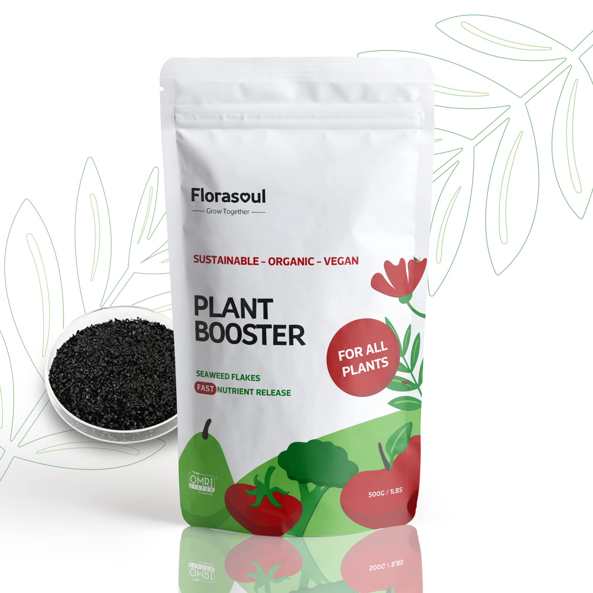 Florasoul® Organic Seaweed Fertilizer Flakes, Soluble Plant Food for Vegetables, Flowers, Lawns & Houseplants, Vegan, Pet-Safe, High-Nutrient Booster for Healthy Soil & Strong Roots