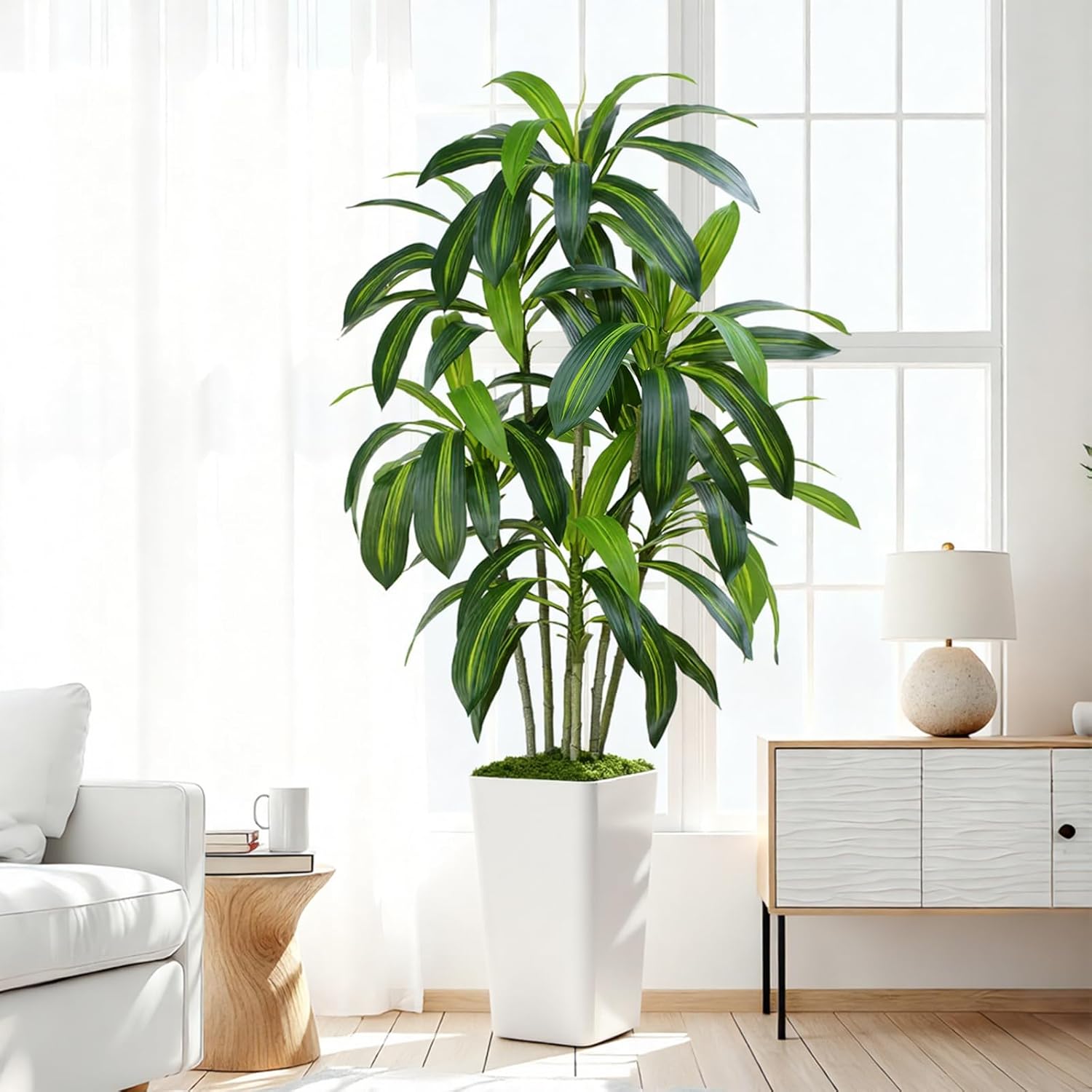Dracaena Plant Artificial Tree 5Ft Tall Fake Tropical Floor Plants Potted Artificial Silk Tree Leaf Faux Trees White Tall Planter for Home Office Living Room Indoor Outdoor Decor