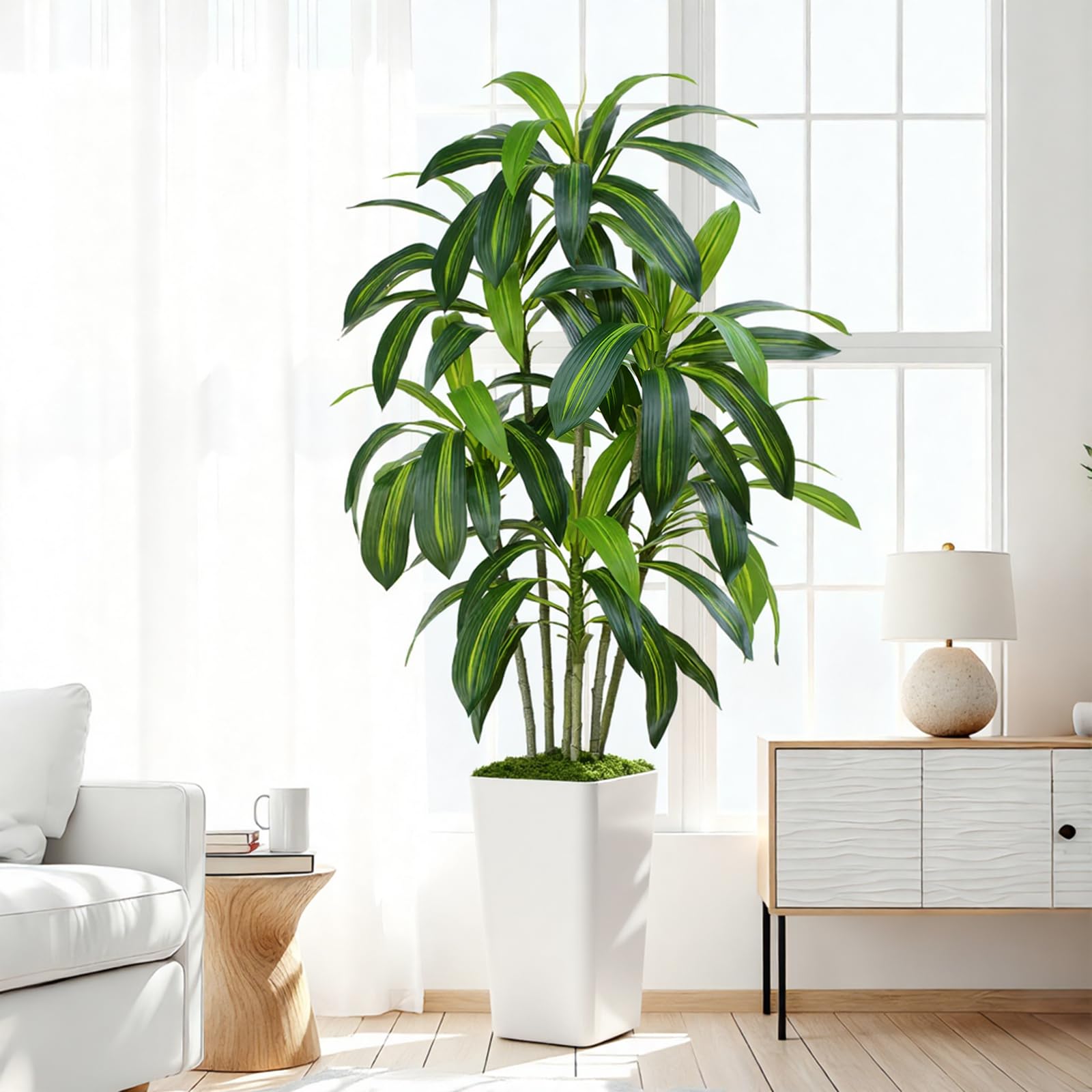 Pianta Artificiale Dracaena da 150cm Piante Finte da Interno Con Fioriera Alta Bianca Piante Artificiali da Esterno Per Soggiorno Camera da Letto Ufficio Casa Corridoio Decorazione (1Pz)