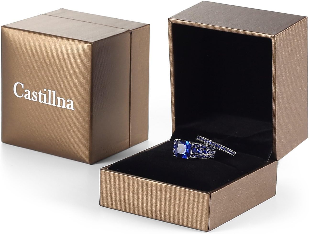 Castillna Black Sterling Silver Princess Cut Created Blue Sapphire Engagement Wedding Bridal Rings Set
