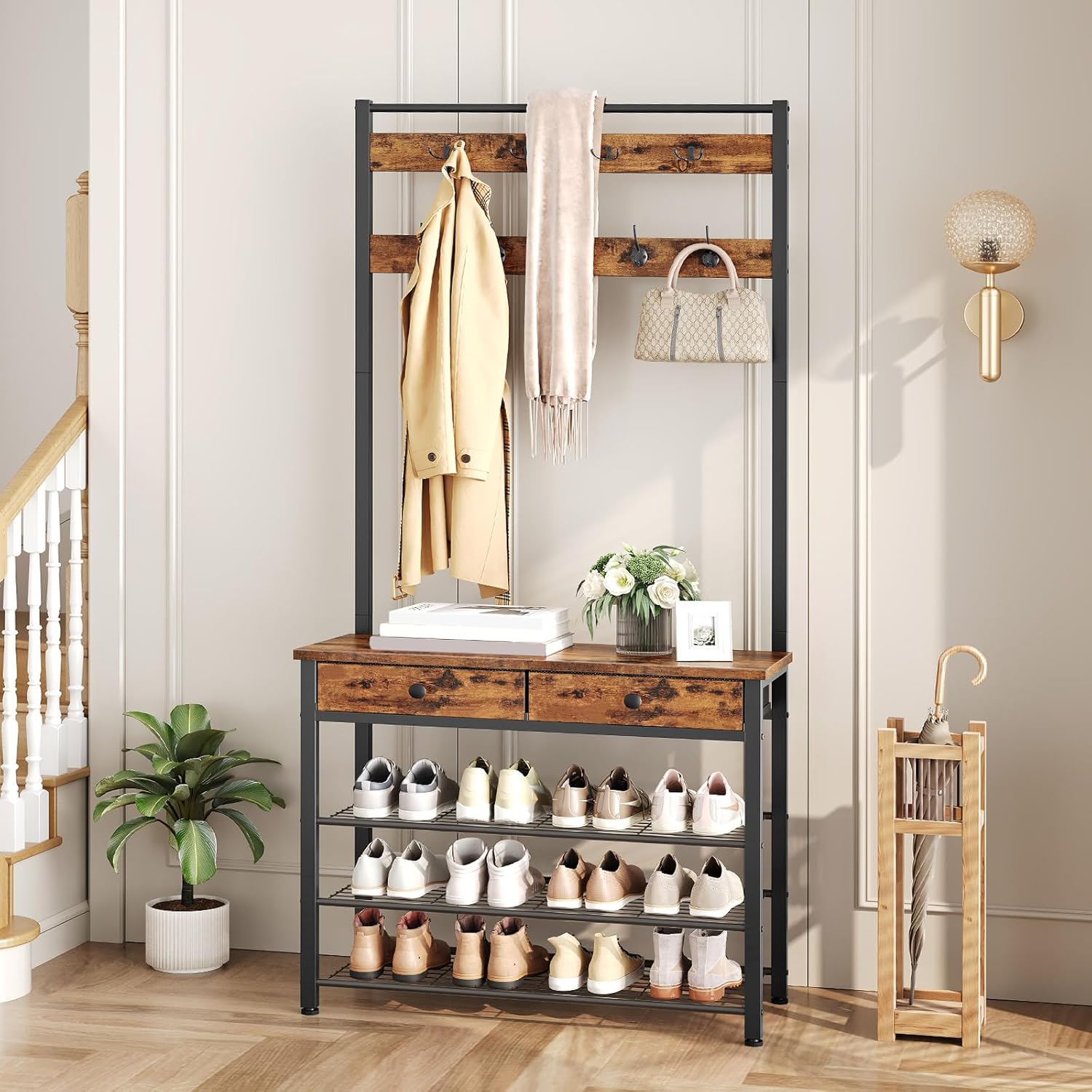 HOOBRO Hall Tree, Entryway Coat and Shoe Rack, 2 Fabric Drawers, Hall Tree with Bench, Shoe and Coat Rack, Coat Rack with Shoe Storage, 4 Tier Shoe Organizer, 9 Hooks, Rustic Brown and Black BF81MT01