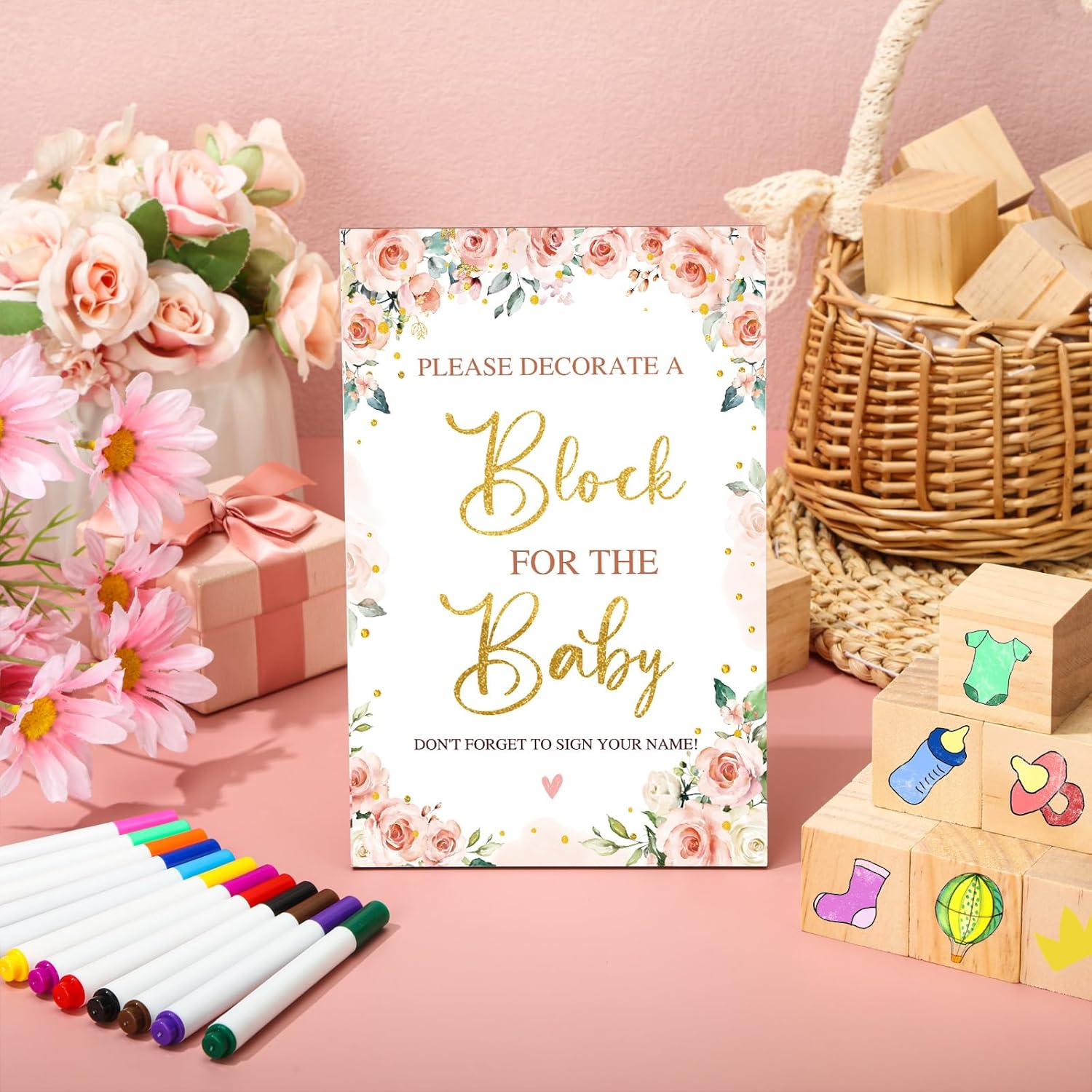 Tenceur 104 Pcs Baby Shower Game Sign Set Baby Shower Blocks to Decorate 54 DIY Blank Wooden Block 48 Watercolor Markers with Box Set for Games Gender Reveals Party Supplies