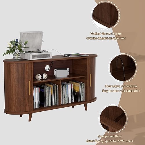 Miniatura 9 de Soporte para tocadiscos de vinilo con luces LED y estación de carga, soporte grande para discos con puerta corrediza para tocadiscos, altavoces,