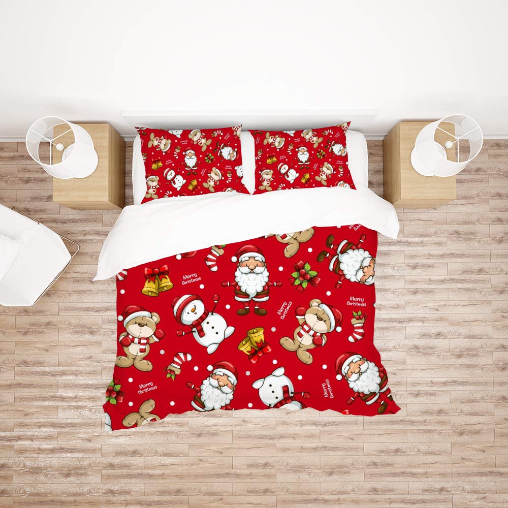 Parure de lit 3 pièces polyester rouge lit double motif 2 imprimé Père Noël