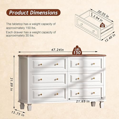 Miniatura 67 de Cómoda de 6 cajones, cómoda de mediados de siglo de 47 pulgadas de ancho, cómoda de madera para dormitorio con 6 cajones de almacenamiento para