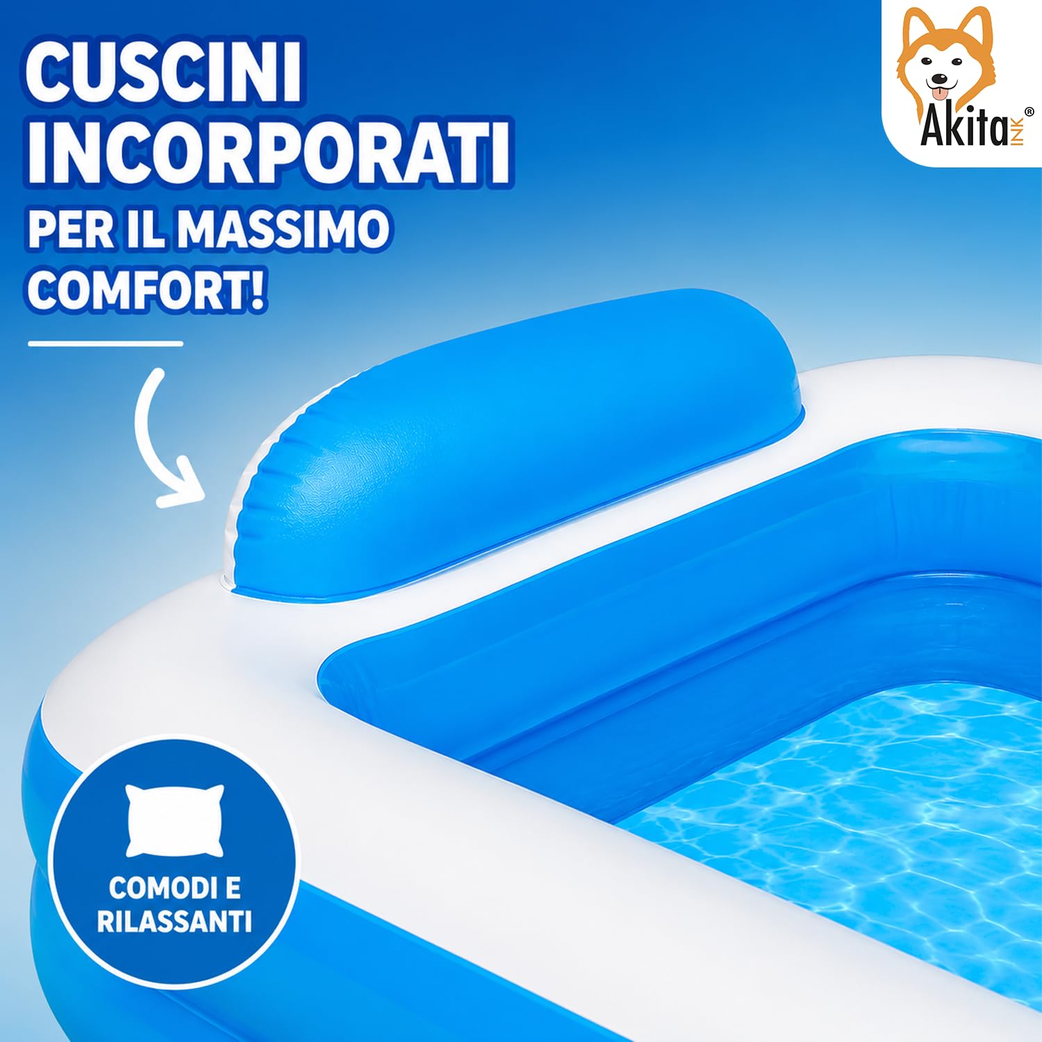 Akitaink Piscina Gonfiabile Rettangolare 266x175x50 cm con Cuscini Integrati, in Vinile Resistente per Bambini dai 3 Anni, Colore Azzurro e Bianco