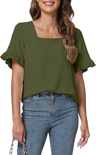 YSYOKOW Womens Summer Casual T Shirts Ruffle Short Sleeve Square Neck Tunic Tops Loose Fit Blouses