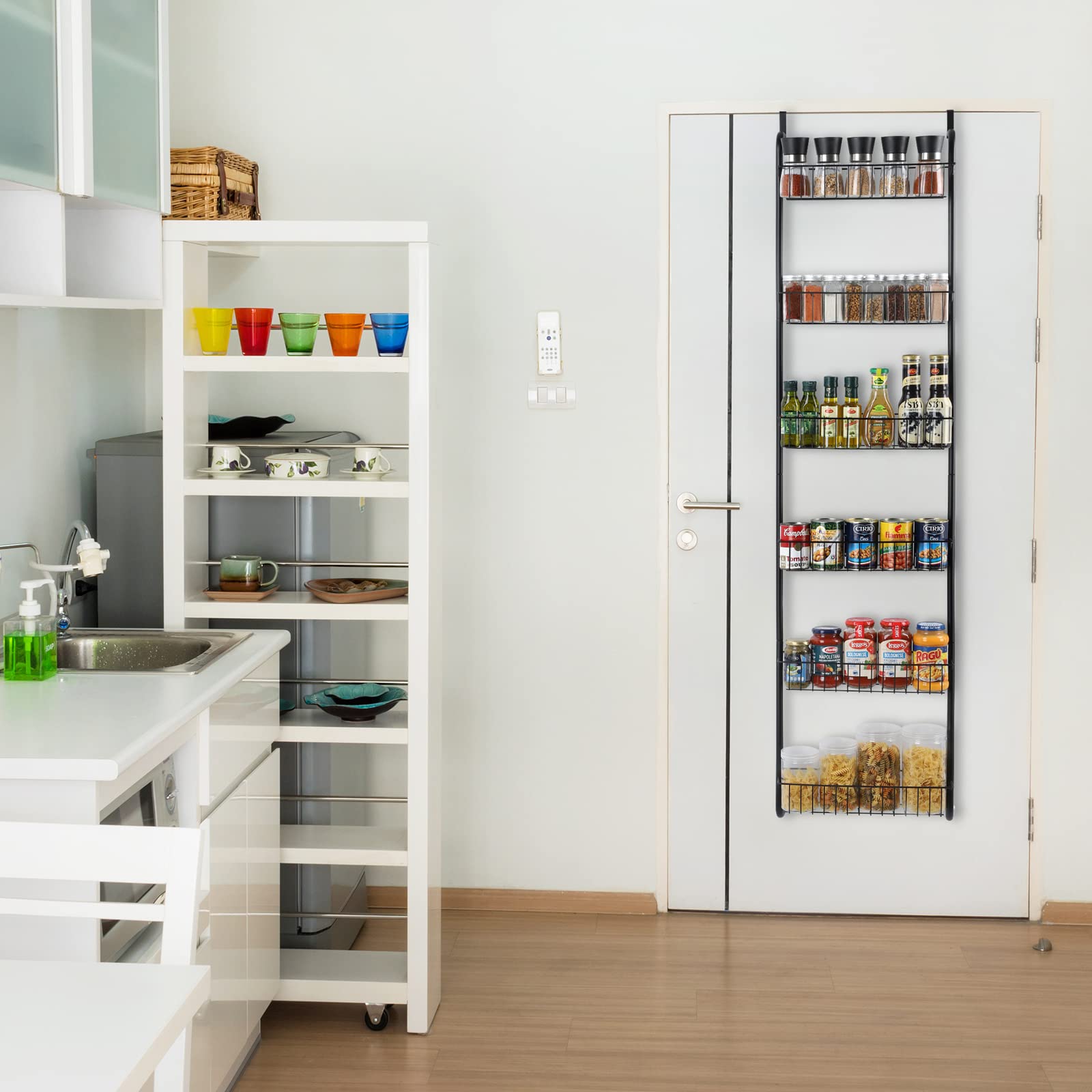 Over The Door Pantry Organizer Rack, Melos 6-Tier Heavy-Duty Metal Back Of Door Shelf Organizer, Over The Door Hanging Spice Rack With 6 Full Baskets - Cans, Spice, Storage, Closet, Bathroom, Kitchen