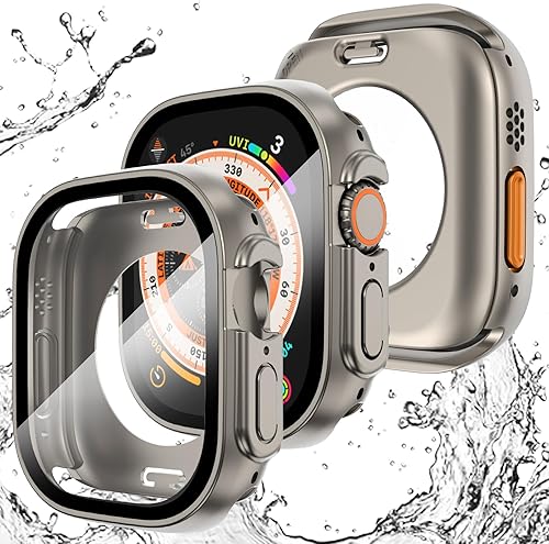 Wingle Funda impermeable para Apple Watch Ultra de 1.732 pulgadas, 2 unidades de protección completa de policarbonato con vidrio templado integrado