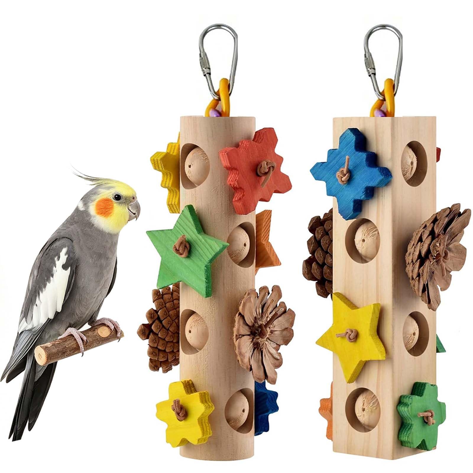 2 Unidades Juguetes para Agapornis y Loros de Madera Natural con Piñas y Bloques de Colores, Juguete para Morder y de Forrajeo para Periquitos, Cacatúas, Conuros, Caiques