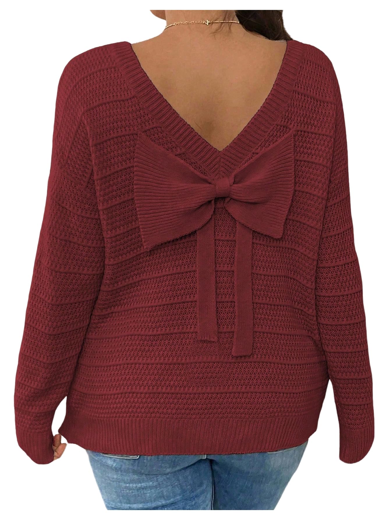 Womens Plus Size Textured Sweater Bow Back Crew Neck Long Sleeve Pullover Knitwear Lightweight Knit Tops