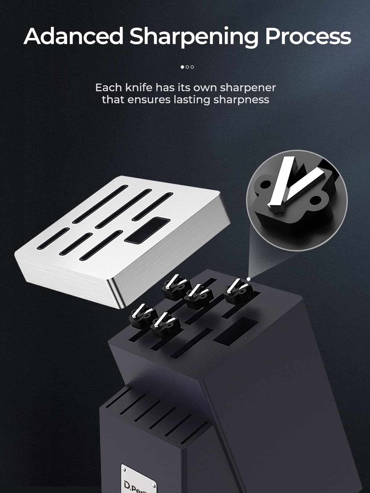D.Perlla Couteau Cuisine, 14 Pièces Bloc de Couteaux avec Technologie Affûteur Intégré, Couteaux de Cuisine en Acier Inoxydable, avec Bloc Couteaux en Bois, Compris Couteaux à Steak, Couteau de Chef